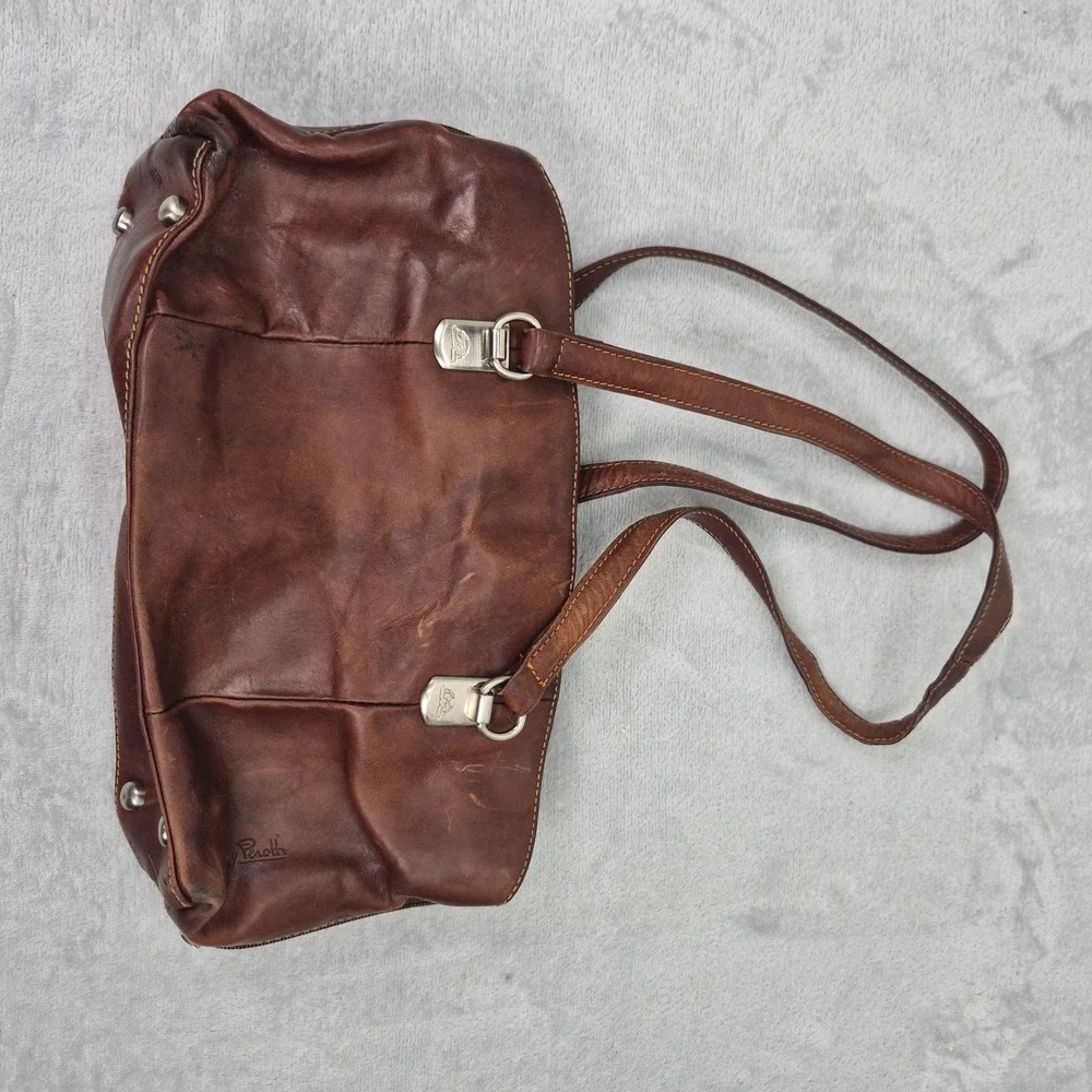 Tony Perotti Distressed Leather Shoulder Bag Brown Hobo Medium Long Green